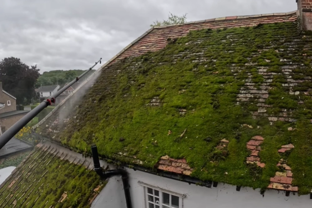 Applying a low-pressure soft wash to a roof with an extension lance